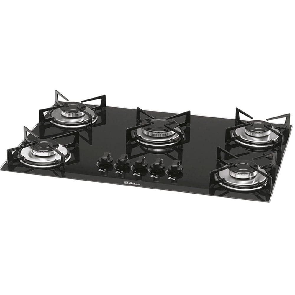 Cooktop a Gás 5 Bocas Fischer 1642, Vidro Temperado, Preto Ébano, Bivolt