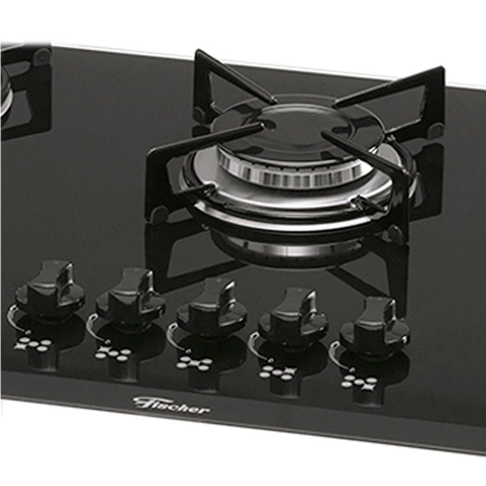 Cooktop a Gás 5 Bocas Fischer 1642, Vidro Temperado, Preto Ébano, Bivolt