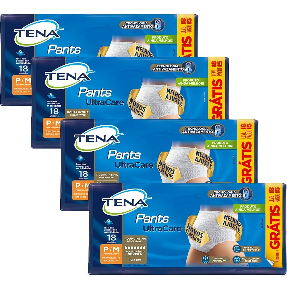 Fralda Descartável Geriátrica/Adulto Tena Pants UltraCare Roupa Íntima Tamanho P/M - 4 Pacotes com 18 Tiras