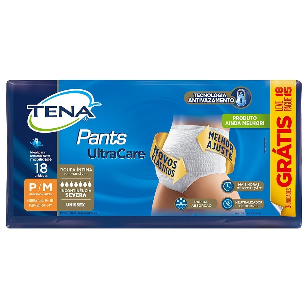 Fralda Descartável Geriátrica/Adulto Tena Pants UltraCare Roupa Íntima Tamanho P/M - 4 Pacotes com 18 Tiras