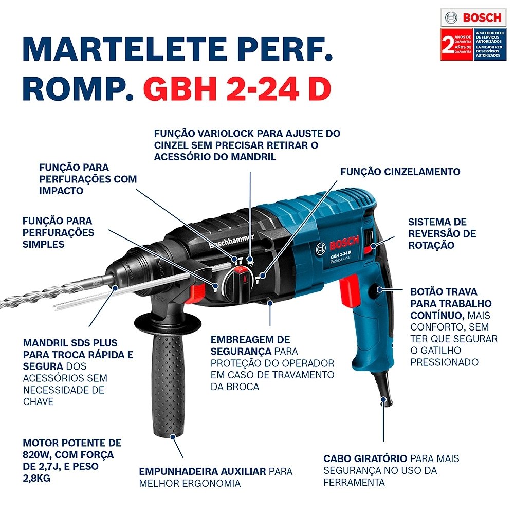 Martelete Perfurador/Rompedor Bosch GBH 2 24 820W 110V