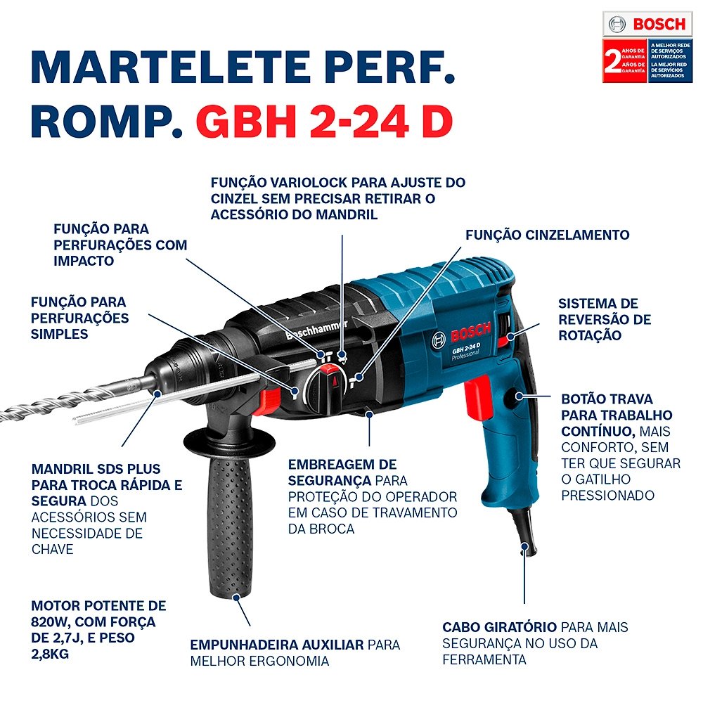 Martelete Perfurador/Rompedor Bosch GBH 2 24 820W 220V