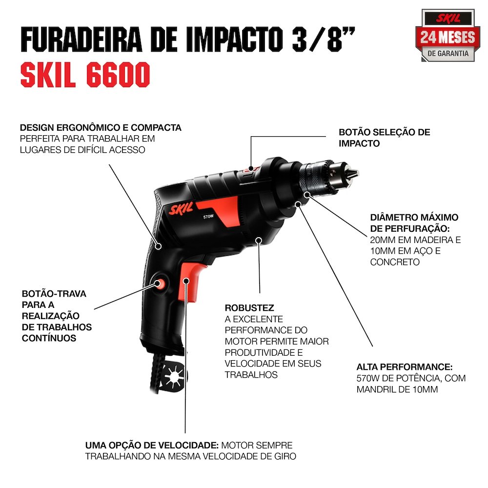 Furadeira de Impacto Skil 3/8 6600 570W 1 Velocidade + 3 Brocas 220V