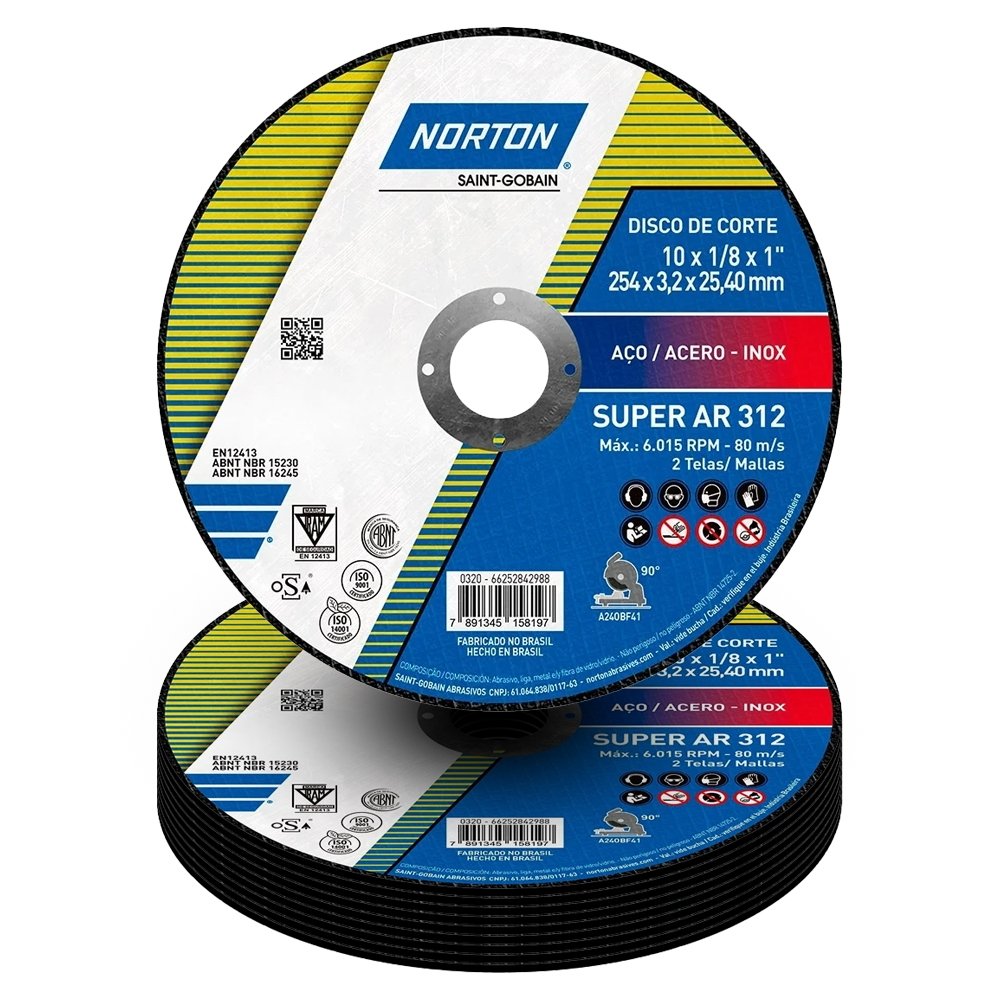 10 Discos de Corte Norton 10P AR312 250X3,2X25,4mm Super