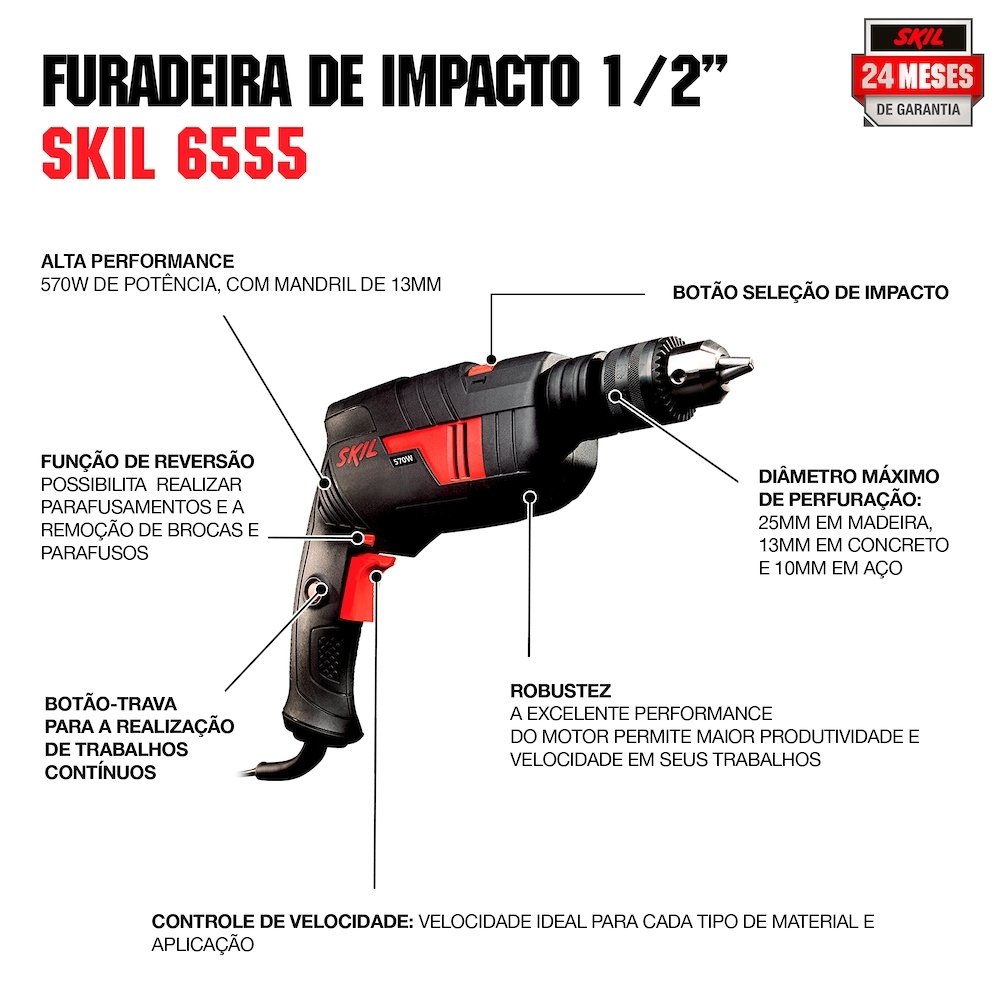 Furadeira de Impacto Skil 1/2 6555 570W VVR + 10 Acessórios com Maleta 220V