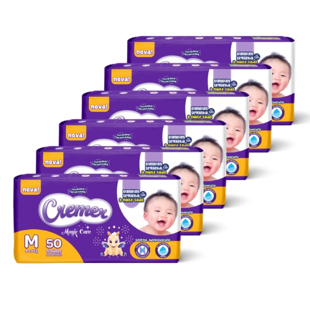 Fralda Descartável Cremer Magic Care Tamanho M - 6 Pacotes com 50 Fraldas - Total 300 Tiras