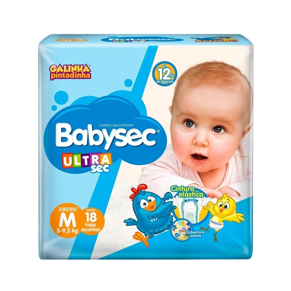 Fralda Descartável Babysec Ultra Jumbinho Galinha Pintadinha Tamanho M - 8 Pacotes com 18 Fraldas - Total 144 Tiras