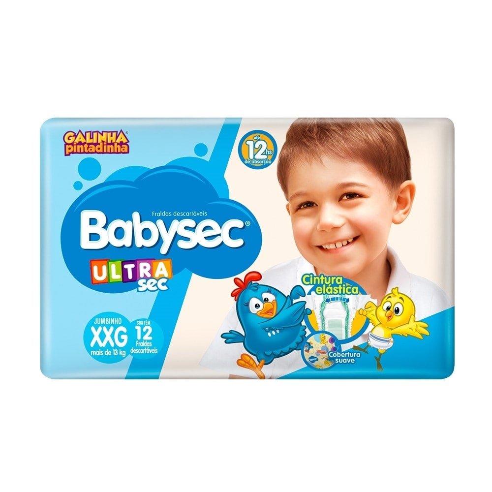 Fralda Descartável Babysec Ultra Jumbinho Galinha Pintadinha Tamanho XXG - 8 Pacotes com 12 Fraldas - Total 96 Tiras