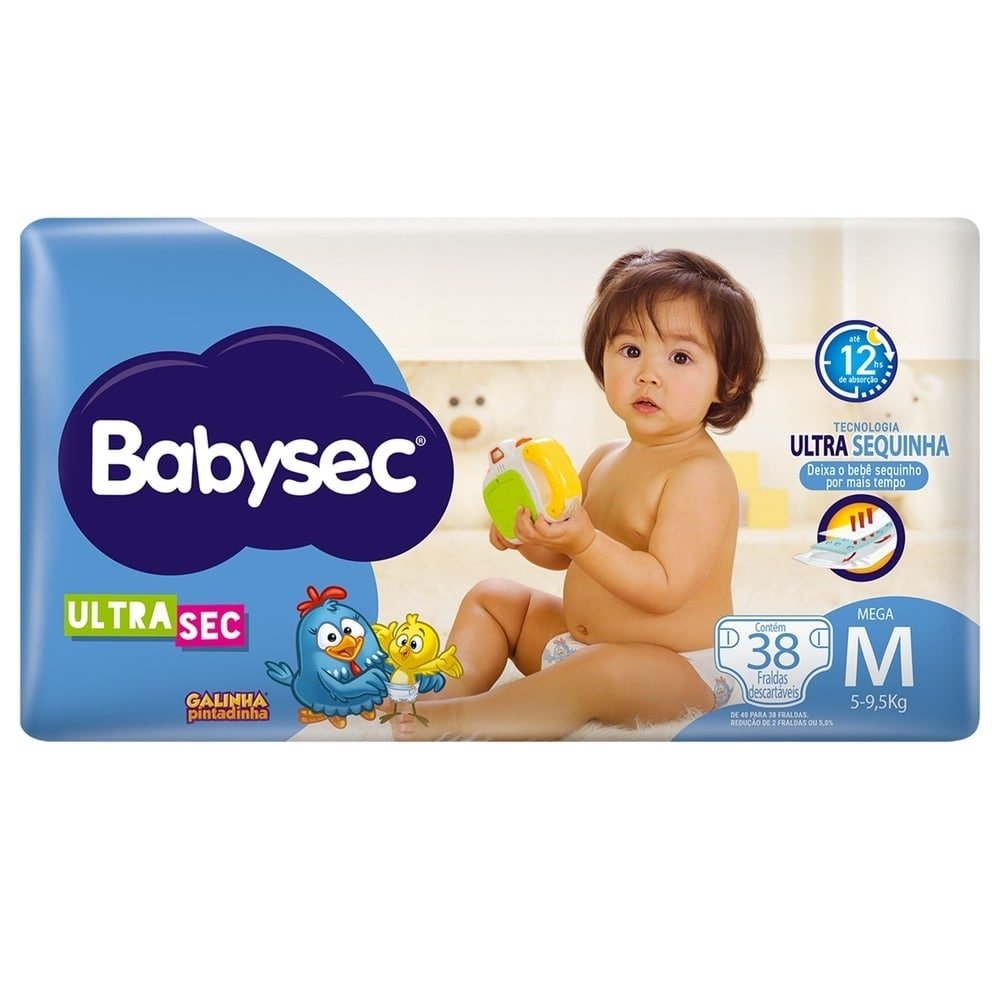 Fralda Descartável Babysec Galinha Pintadinha Ultra Mega Tamanho M - 6 Pacotes com 38 Fraldas - Total 228 Tiras