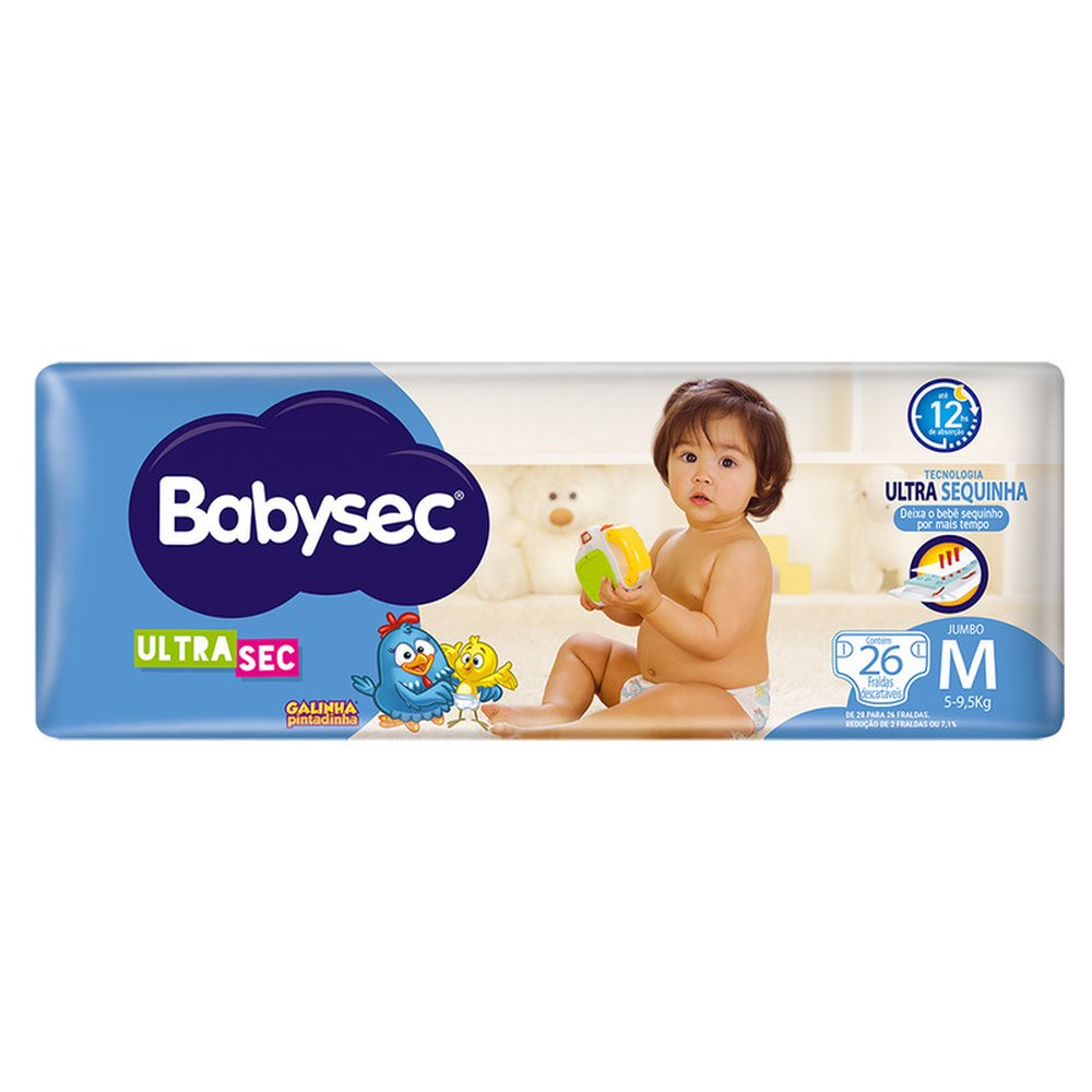 Fralda Descartável Babysec Galinha Pintadinha Ultra Sec Jumbo Tamanho M - 8 Pacotes com 26 Fraldas - Total 208 Tiras