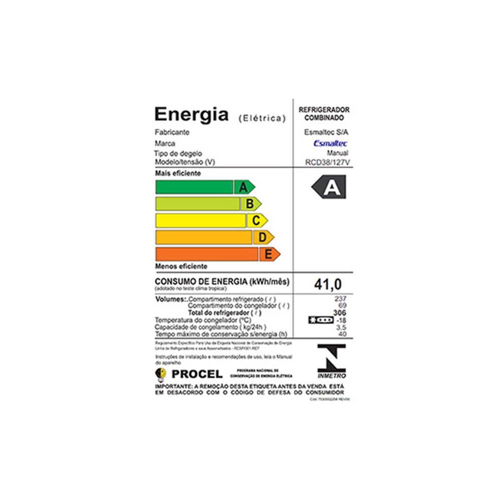 Geladeira/Refrigerador Esmaltec, 306 Litros, RCD38, Cycle Defrost, 2 Portas, Branco 110V