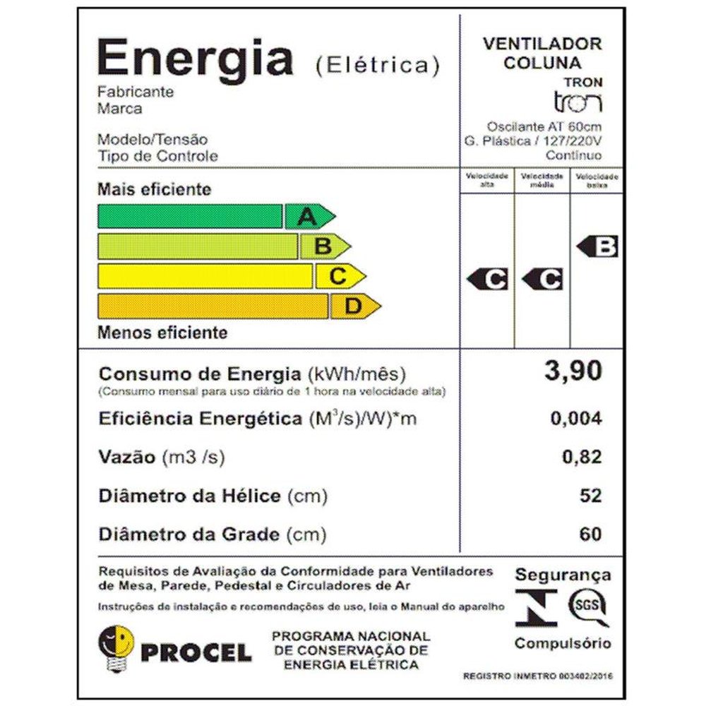Ventilador de Coluna Tron Oscilante PP AT 60cm 3 Pás Branco Bivolt