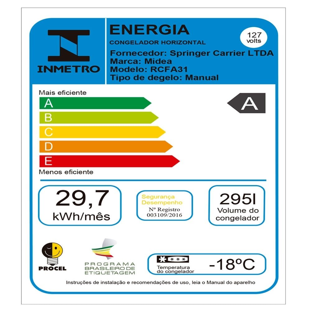 Freezer Horizontal Midea 295 Litros RCFA, Porta Metálica, 1 Tampa, Branco, 110V