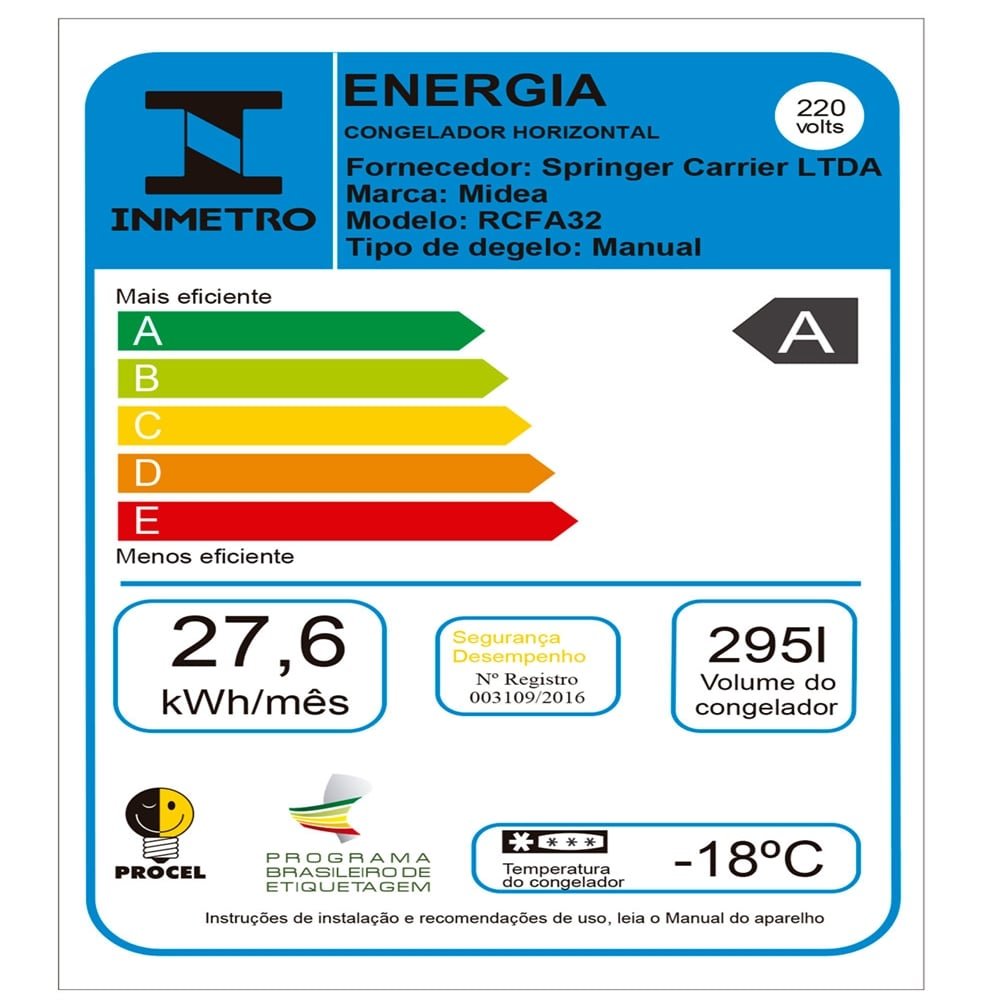 Freezer Horizontal Midea 295 Litros RCFA, Porta Metálica, 1 Tampa, 220V