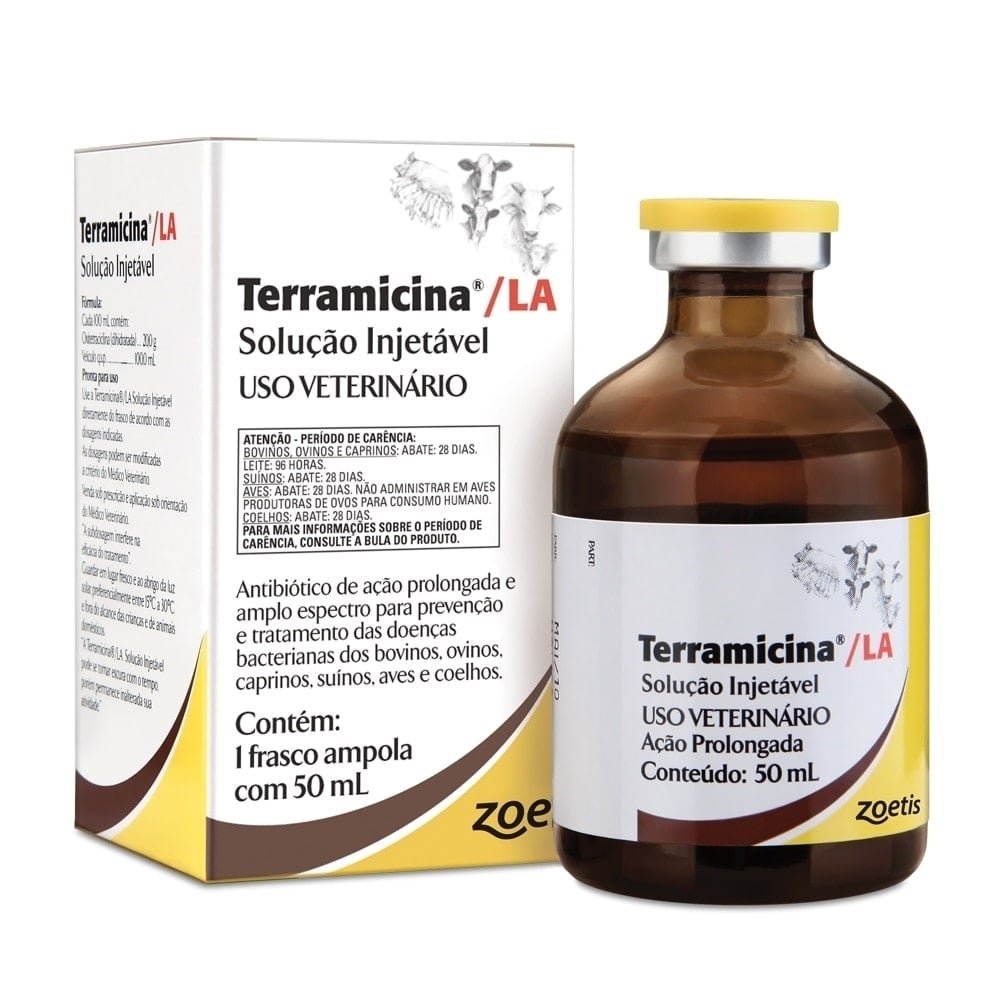 Terramicina LA Solução Injetável 50ml Zoetis - Antibiótico oxitetraciclina Embalagem com 4 unidades