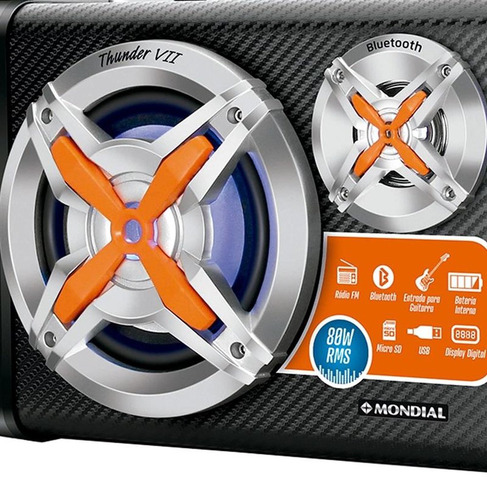 Caixa Amplificadora Mondial MCO-07, Entrada USB e SD, Conexão sem Fio, Rádio FM, 80W RMS