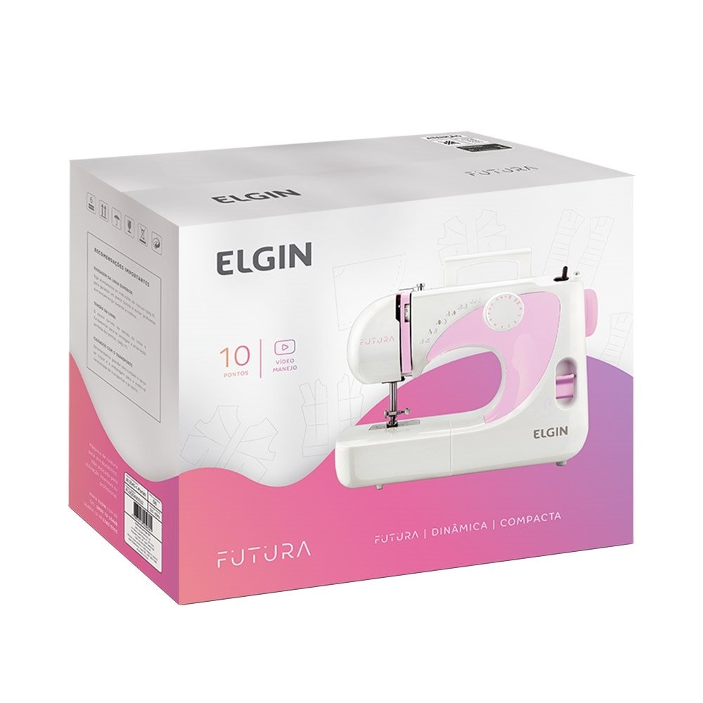 Máquina de Costura Elgin JX2040 | Futura Portátil 10 Pontos Branco/Rosa, 220V