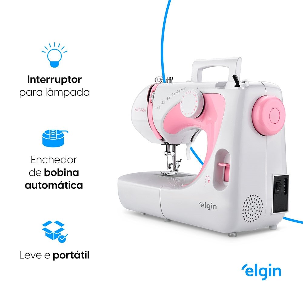Máquina de Costura Elgin JX2040 | Futura Portátil 10 Pontos Branco/Rosa, 220V