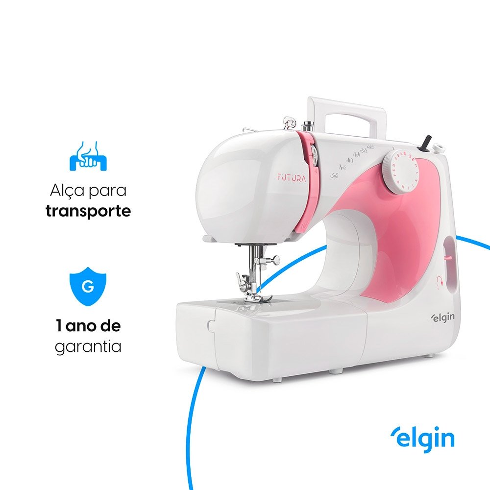 Máquina de Costura Elgin JX2040 | Futura Portátil 10 Pontos Branco/Rosa, 220V