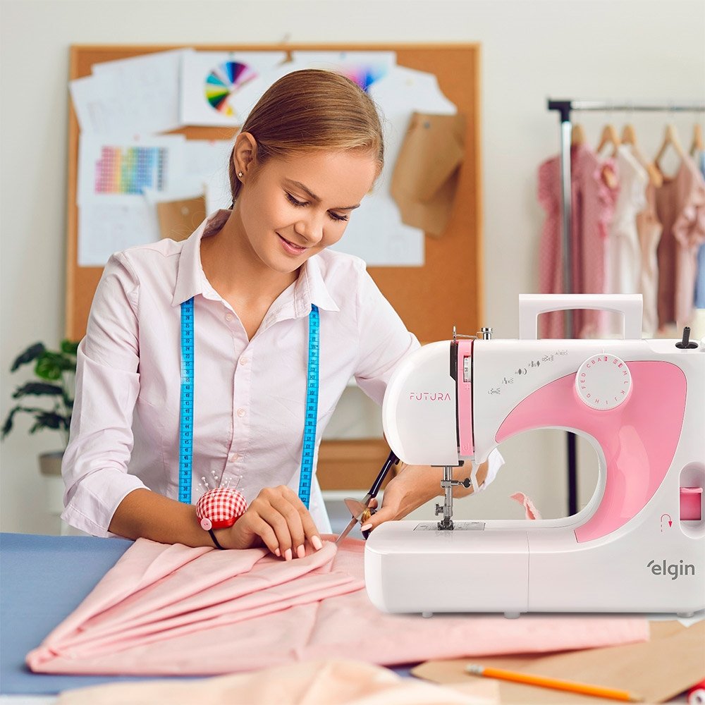 Máquina de Costura Elgin JX2040 | Futura Portátil 10 Pontos Branco/Rosa, 220V