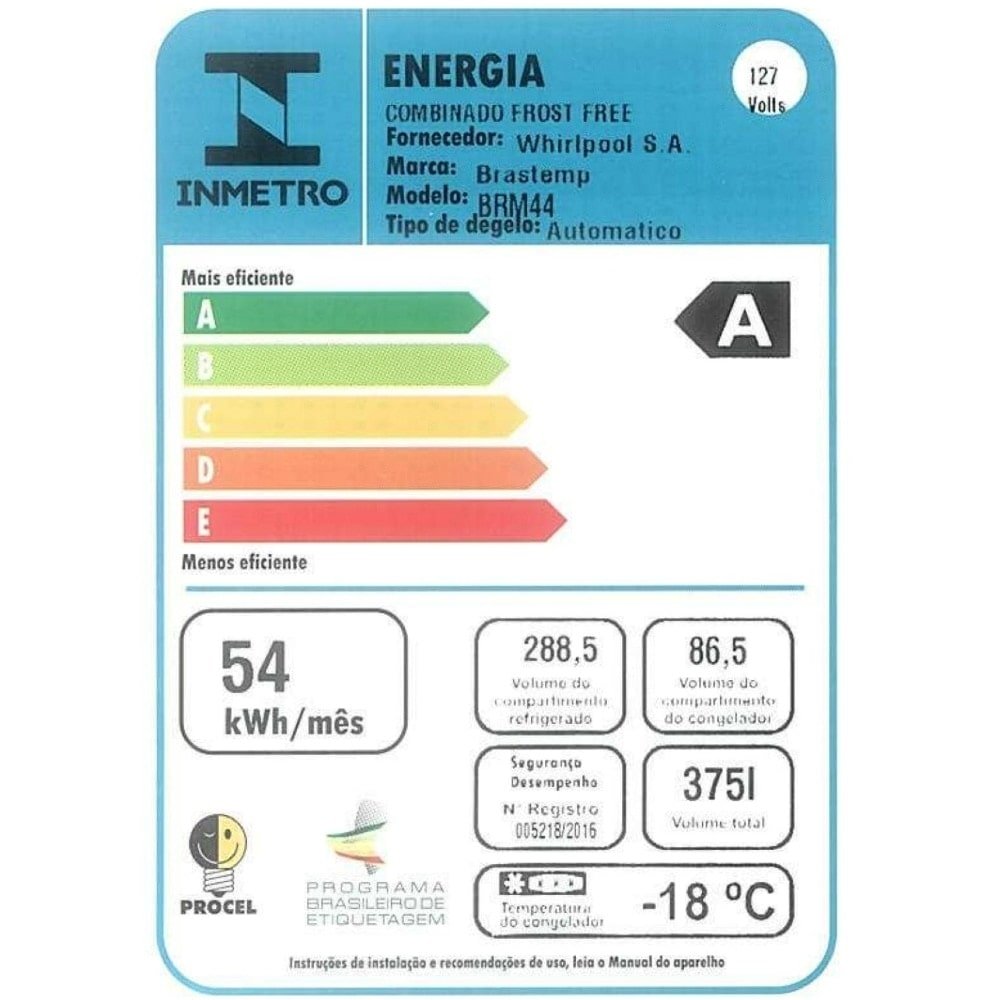 Geladeira/RefrigeradorBrastemp Duplex 375L BRM44HB - Frost Free, 2 Portas, Compartimento Extrafrio Fresh Zone, Branco, 110V