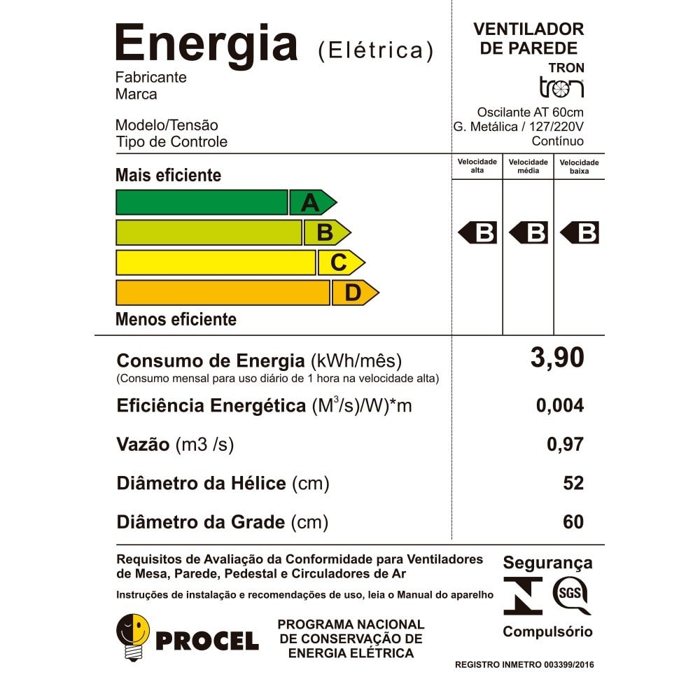 Ventilador de Parede 60cm Tron, Oscilante, Branco, Bivolt
