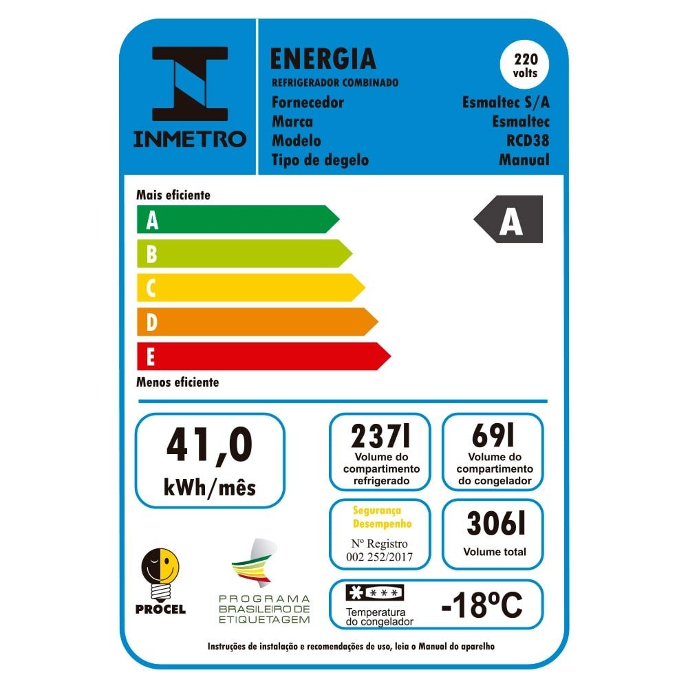 Geladeira/Refrigerador Esmaltec 306 Litros RCD38 - Cycle Defrost, 2 Portas, Inox, 220V