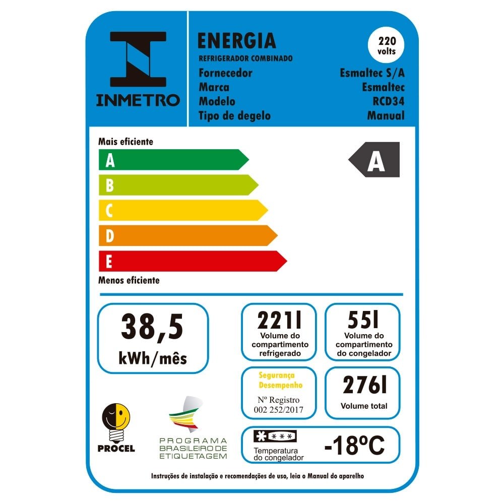 Geladeira/Refrigerador Esmaltec 276 Litros RCD34 - Cycle Defrost, 2 Portas, Inox, 220V