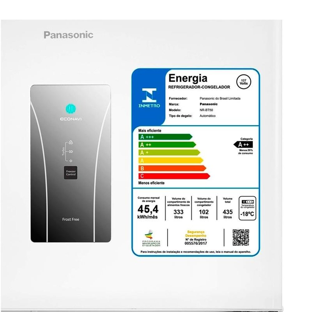 Geladeira/Refrigerador Panasonic 435 Litros NR BT50 | Frost Free, 2 Portas, Econavi, Branco, 110V