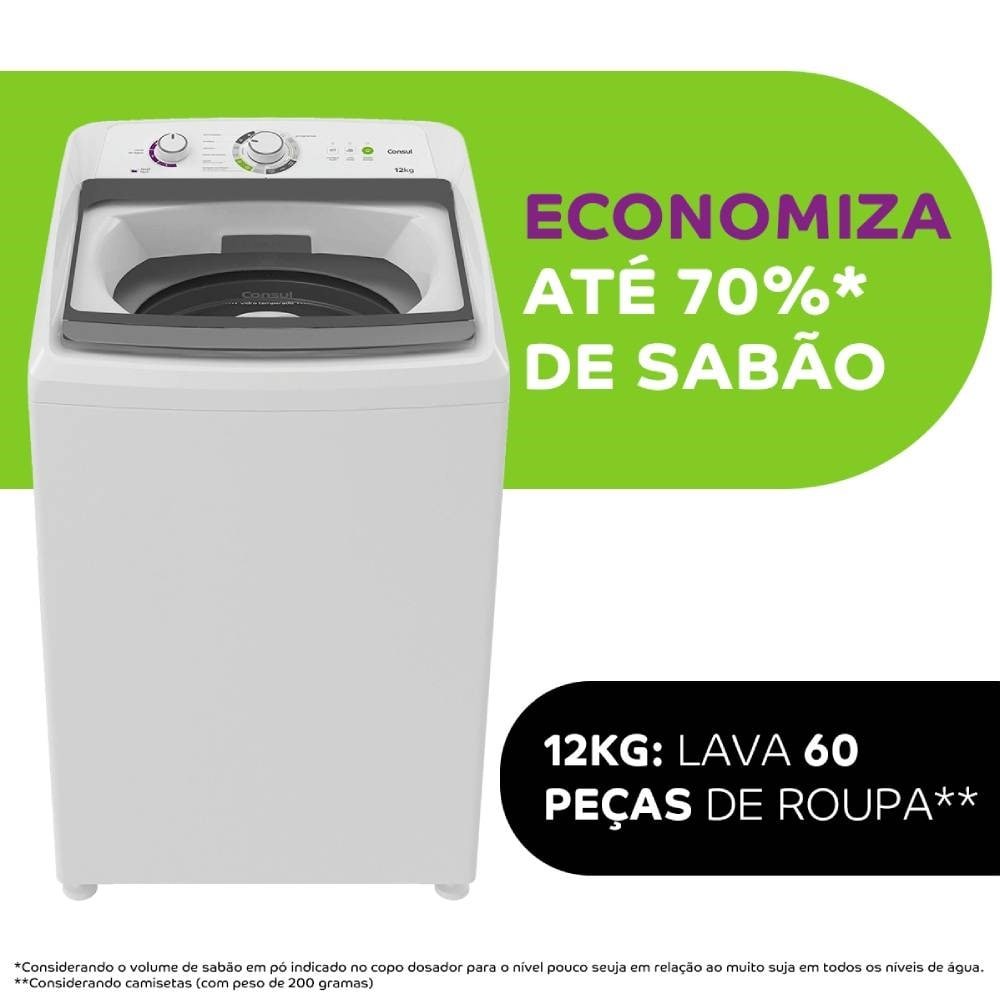 Máquina de Lavar Roupas 12Kg Consul CWH12AB - Ciclo Edredom, Dual Dispenser, Dosagem Extra Econômica, Branco, 110V