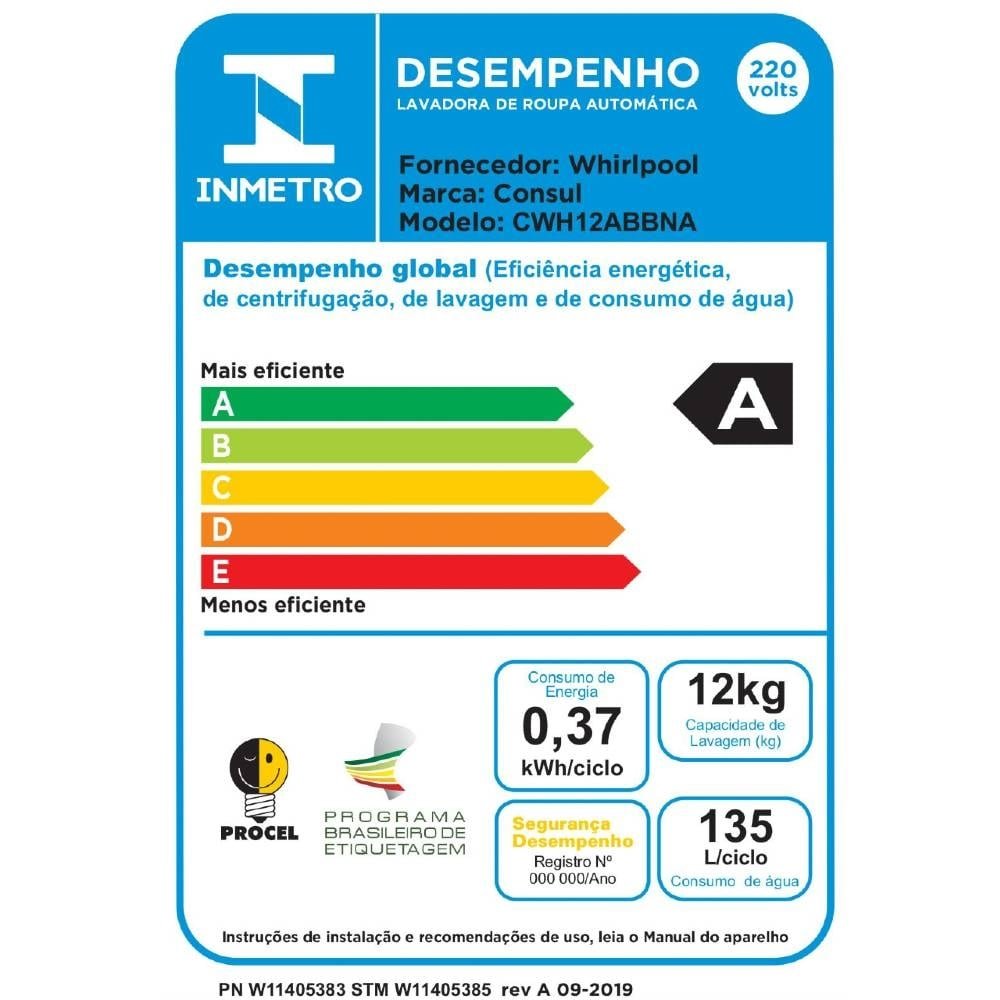 Máquina de Lavar Roupas 12Kg Consul CWH12AB - Ciclo Edredom, Dual Dispenser, Dosagem Extra Econômica, Branco, 220V