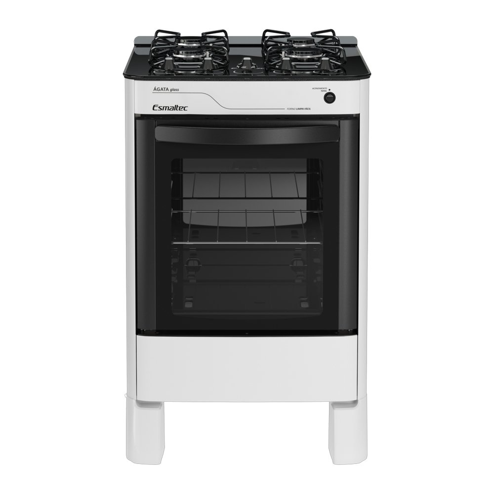 Fogão de Piso Esmaltec 4 Bocas Agata Glass - Mesa de Vidro, Acendimento Automático, Branco, Bivolt