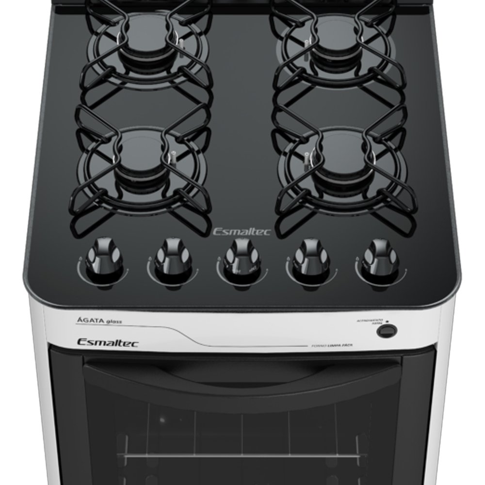Fogão de Piso Esmaltec 4 Bocas Agata Glass - Mesa de Vidro, Acendimento Automático, Branco, Bivolt