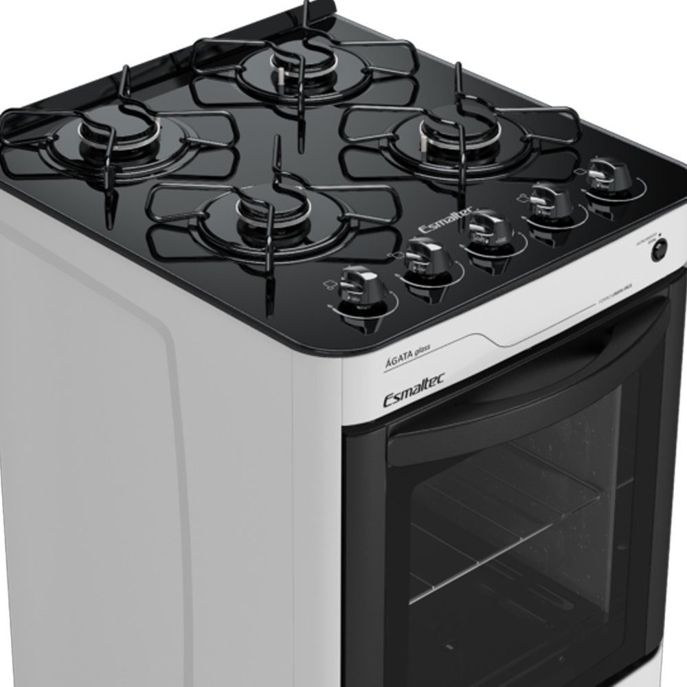Fogão de Piso Esmaltec 4 Bocas Agata Glass - Mesa de Vidro, Acendimento Automático, Branco, Bivolt