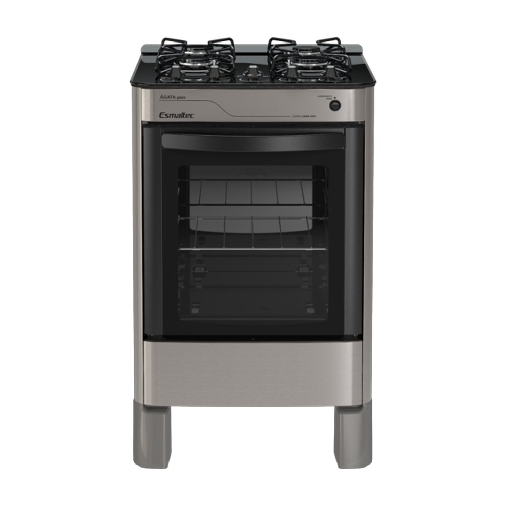 Fogão de Piso Esmaltec 4 Bocas Ágata Glass - Mesa de Vidro, Acendimento Automático, Inox, Bivolt