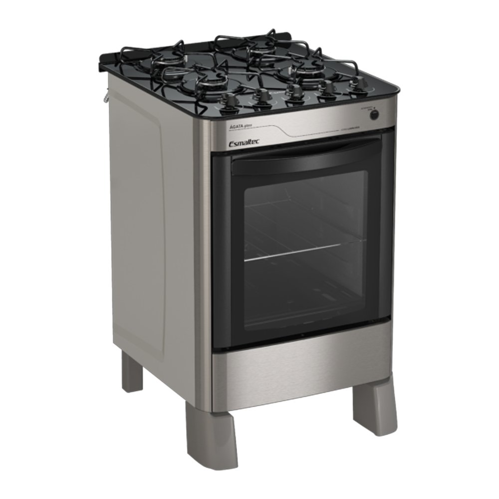 Fogão de Piso Esmaltec 4 Bocas Ágata Glass - Mesa de Vidro, Acendimento Automático, Inox, Bivolt