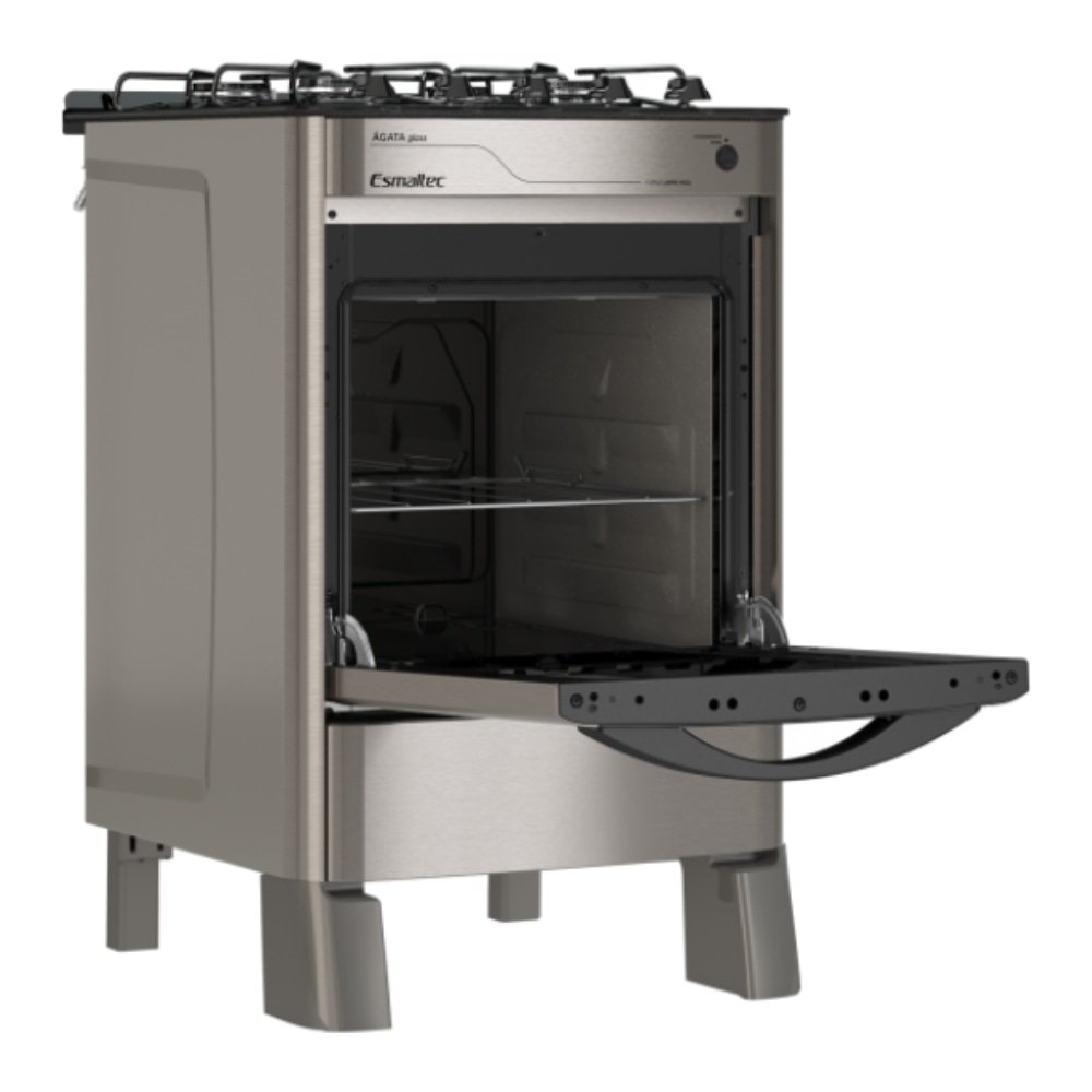 Fogão de Piso Esmaltec 4 Bocas Ágata Glass - Mesa de Vidro, Acendimento Automático, Inox, Bivolt