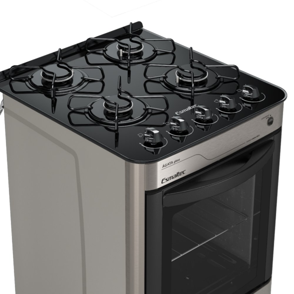 Fogão de Piso Esmaltec 4 Bocas Ágata Glass - Mesa de Vidro, Acendimento Automático, Inox, Bivolt