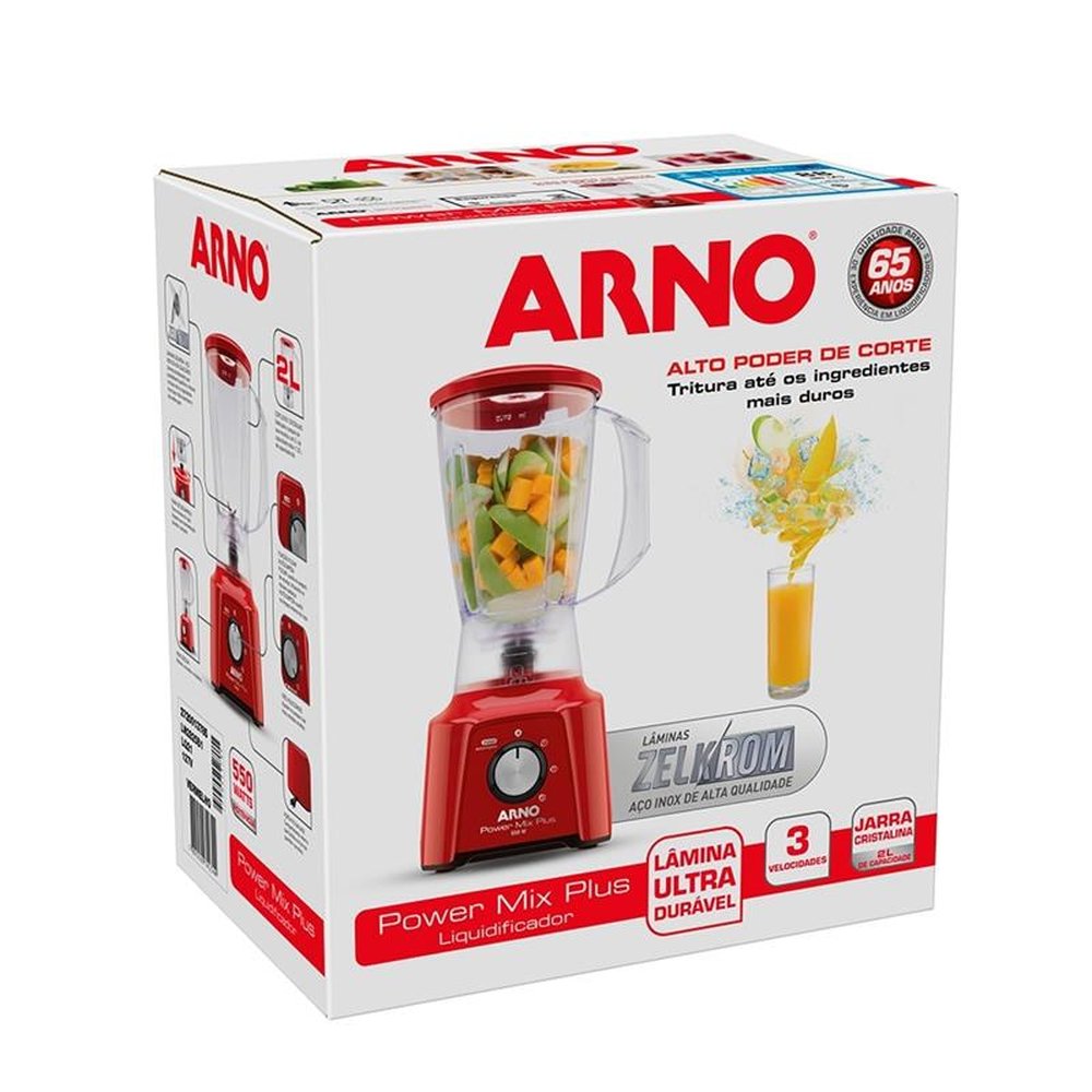 Liquidificador Arno Power Mix LQ21 | Copo de SAN Cristal e 03 Velocidades + Pulsar, 550W, Vermelho, 220V