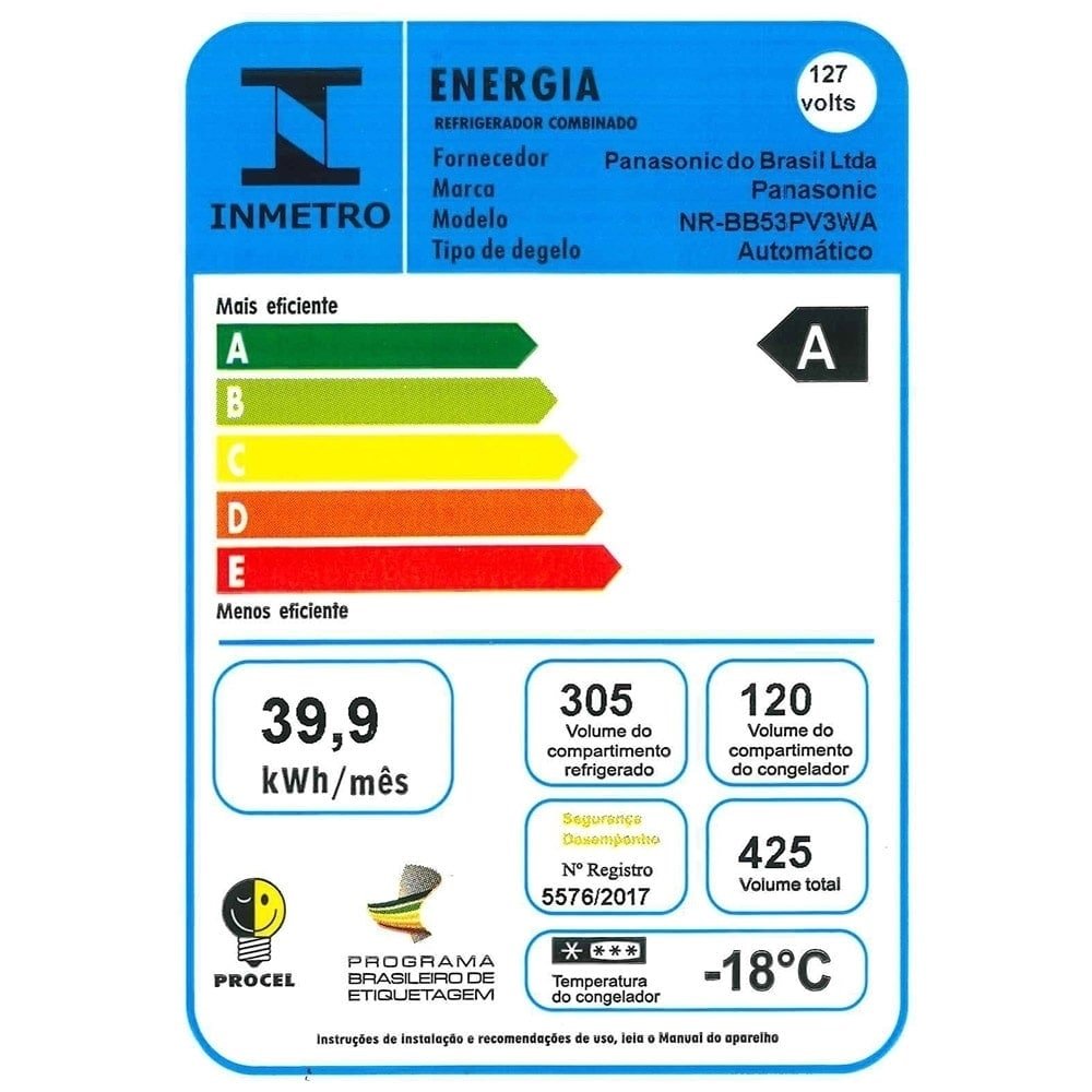 Geladeira/Refrigerador Panasonic 425 litros NR-BB53 Frost Free, 2 Portas, Tecnologia Inverter Glass, Branco, 110V