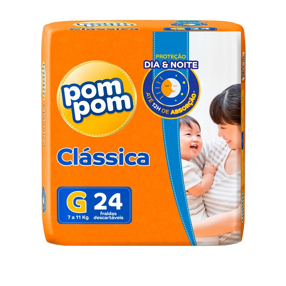 Fralda Descartável Pom Pom Clássica Jumbo Tamanho G - 8 Pacotes com 24 Fraldas - Total 192 Tiras