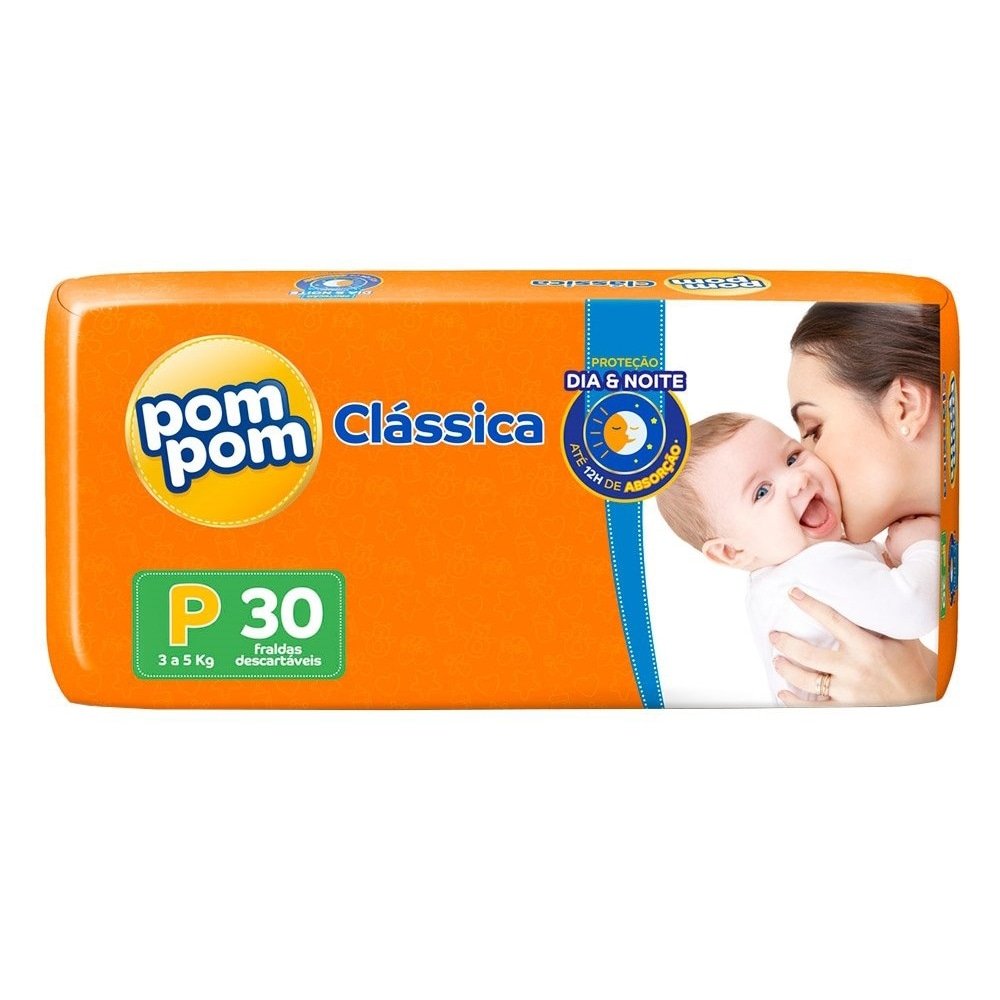 Fralda Descartável Pom Pom Clássica Jumbo Tamanho P - 8 Pacotes com 30 Fraldas - Total 240 Tiras