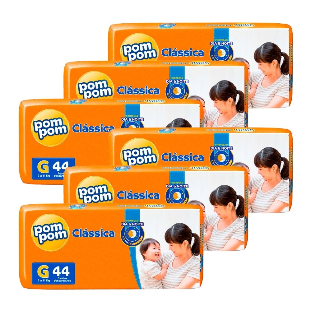 Fralda Descartável Pom Pom Clássica Tamanho G - 6 Pacotes com 44 Fraldas - Total 264 Tiras