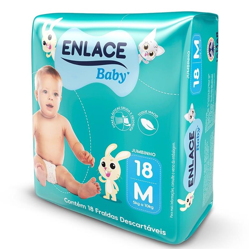 Fralda Descartável Enlace Baby Jumbinho Tamanho M - 9 Pacotes com 18 Fraldas - Total 162 Tiras