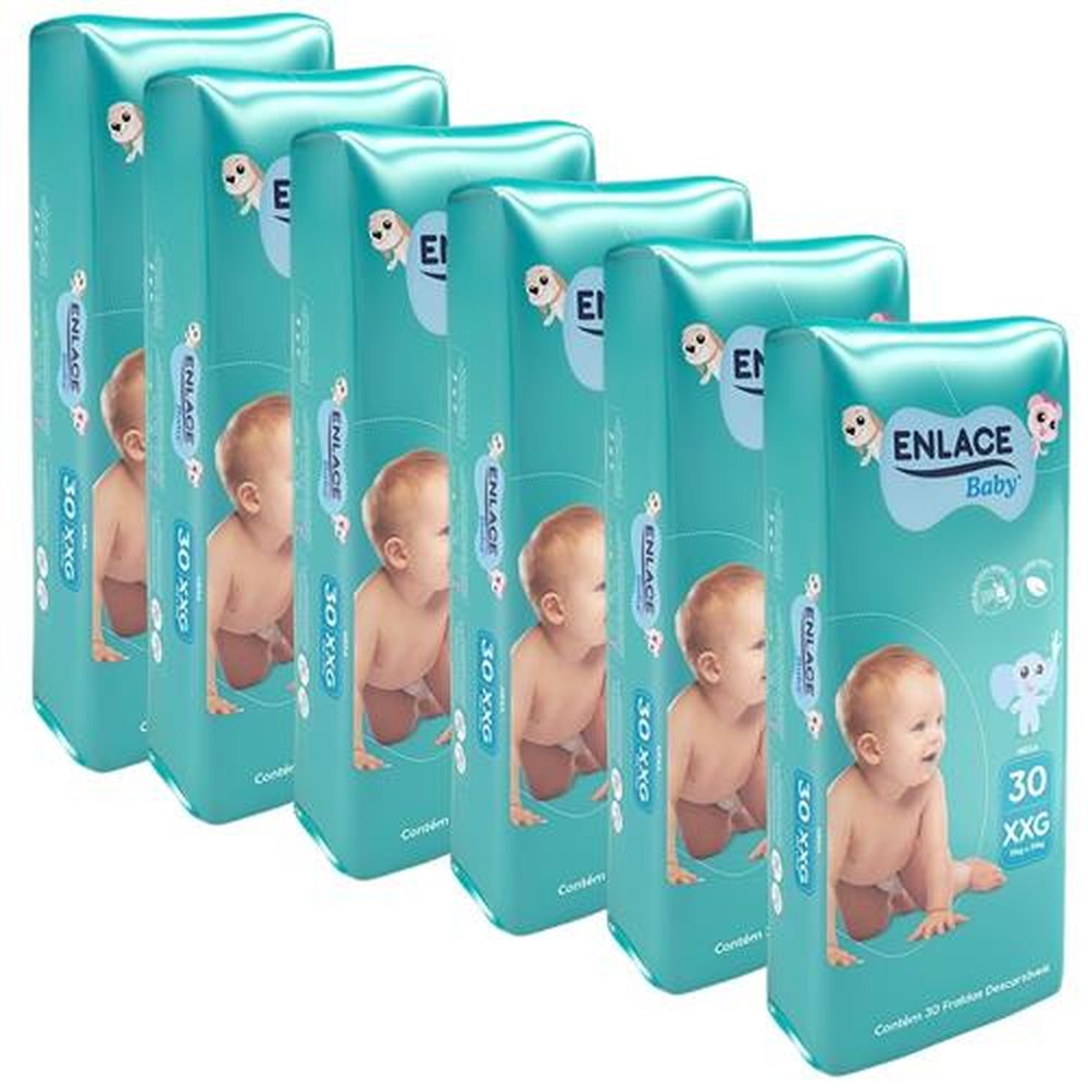 Fralda Descartável Enlace Baby Mega Tamanho XXG - 6 Pacotes com 30 Fraldas - Total 180 Tiras