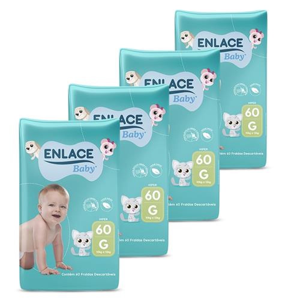 Fralda Descartável Enlace Baby Hiper Tamanho G - 4 Pacotes com 60 Fraldas - Total 240 Tiras
