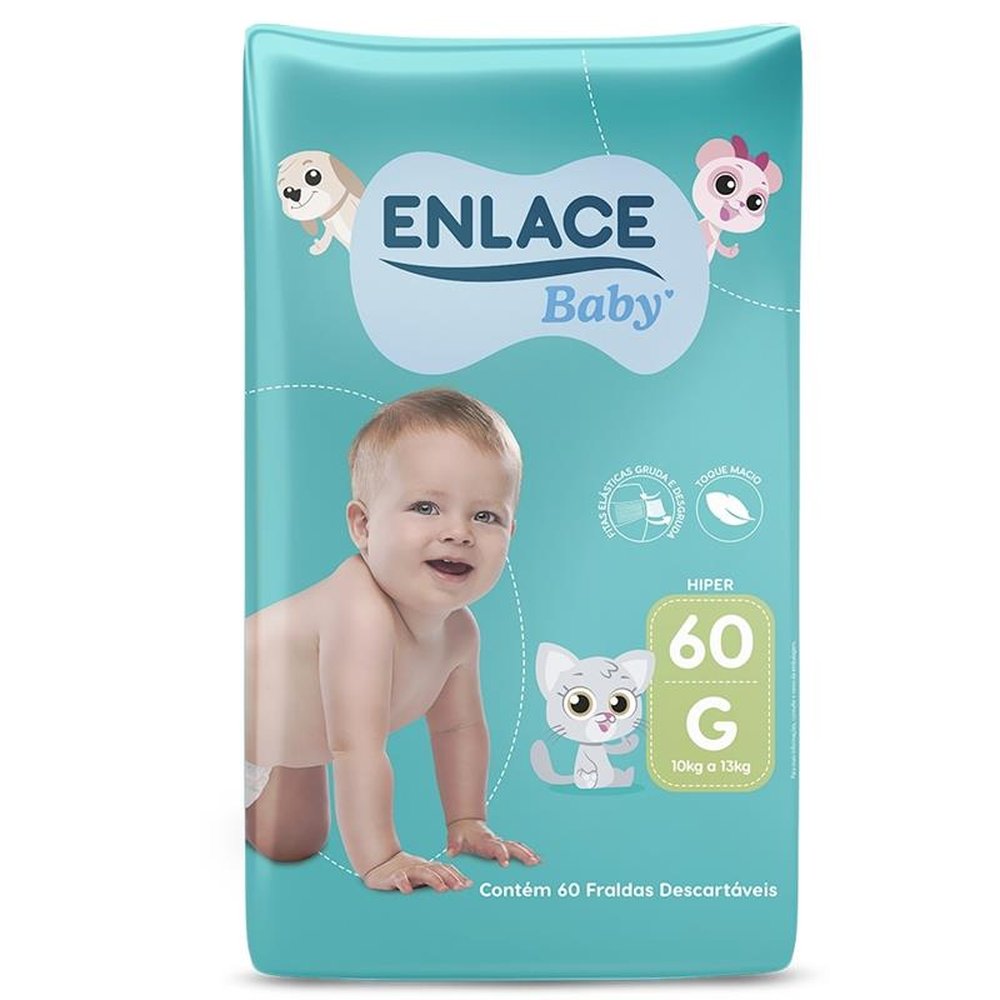 Fralda Descartável Enlace Baby Hiper Tamanho G - 4 Pacotes com 60 Fraldas - Total 240 Tiras