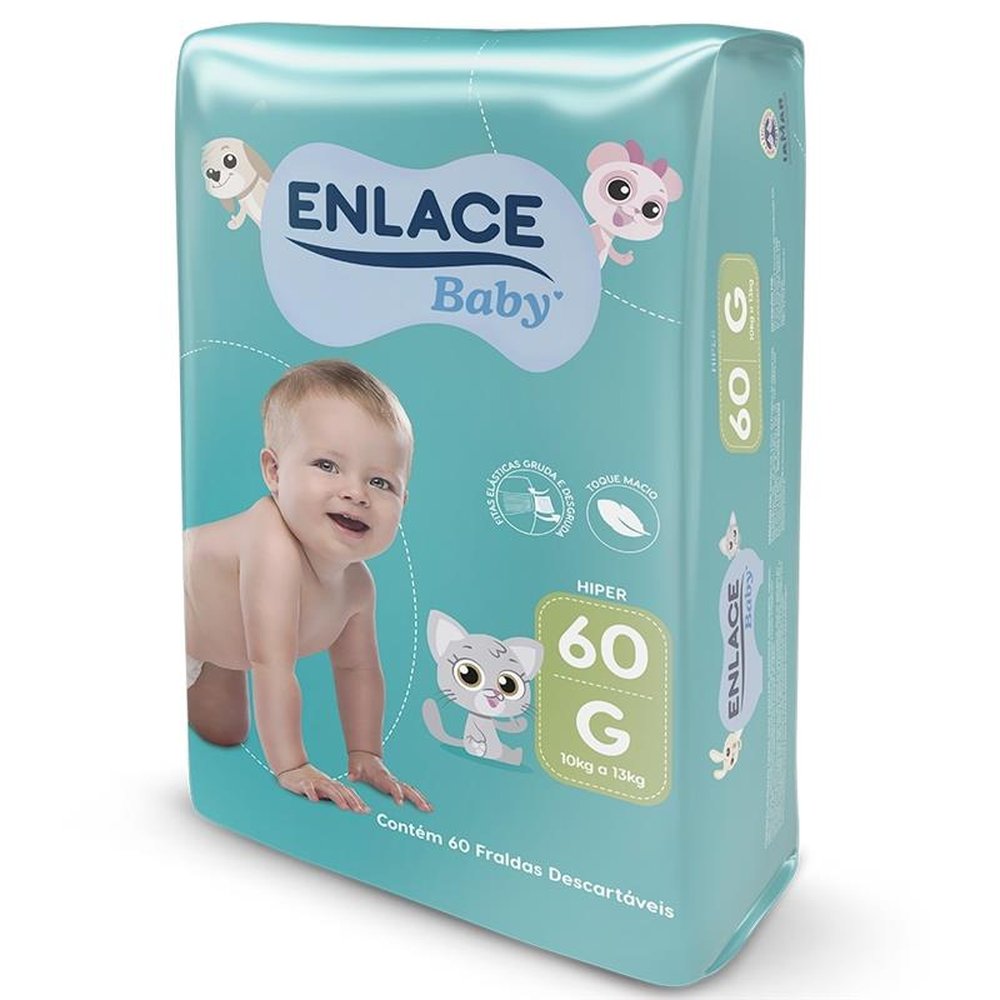 Fralda Descartável Enlace Baby Hiper Tamanho G - 4 Pacotes com 60 Fraldas - Total 240 Tiras
