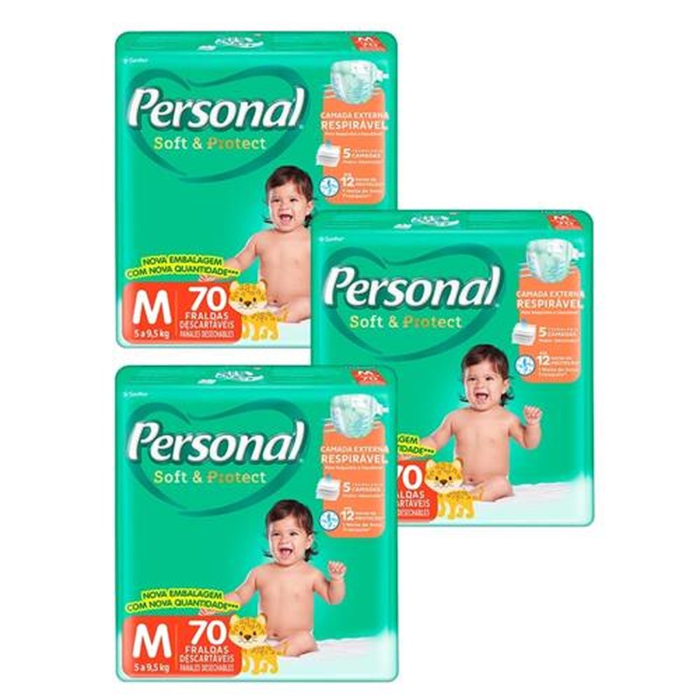 Fralda Descartável Personal Soft & Protect Tamanho M - 3 Pacotes com 70 Fraldas - Total 210 Tiras
