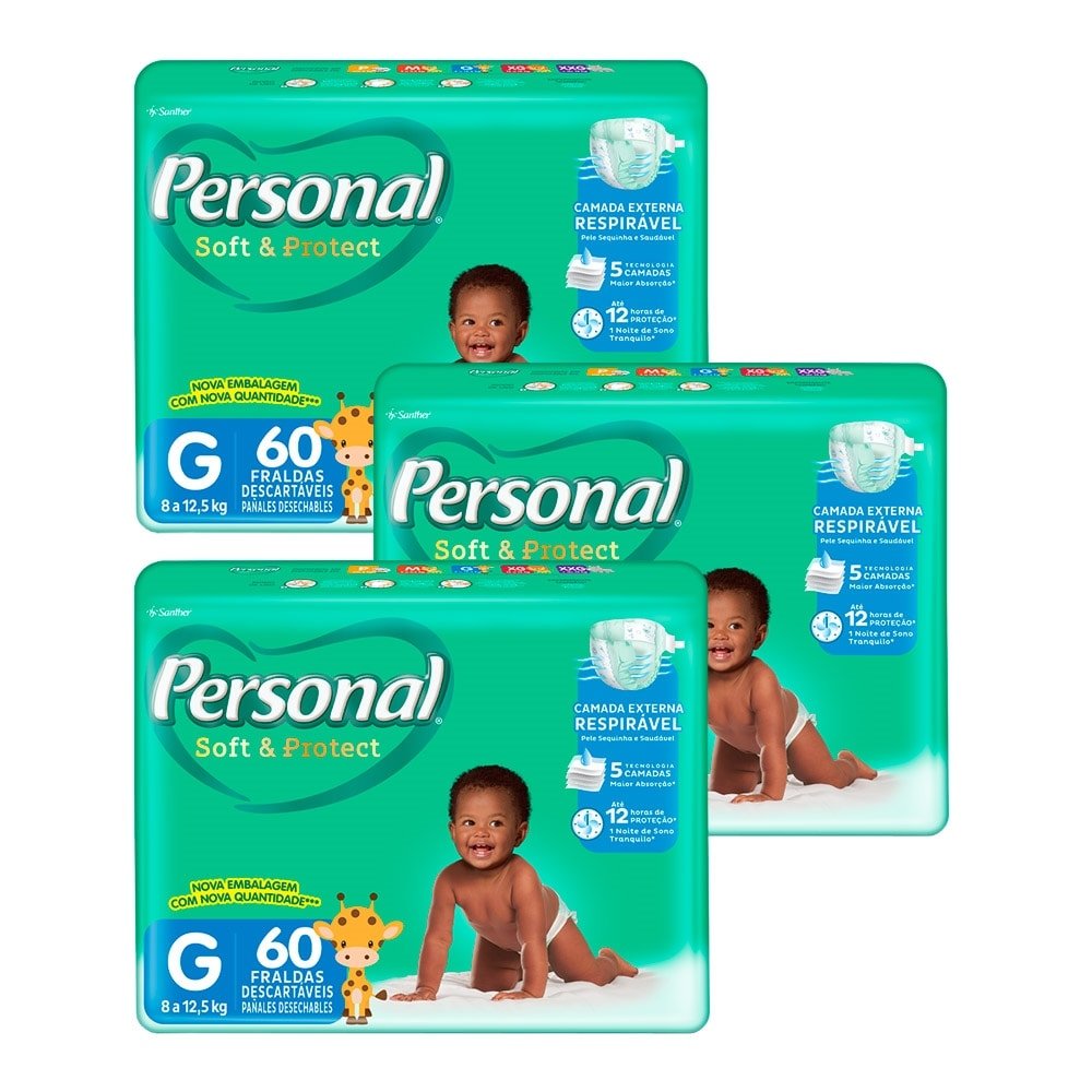 Fralda Descartável Personal Hiper Soft & Protect Tamanho G - 3 Pacotes com 60 Fraldas - Total 180 Tiras